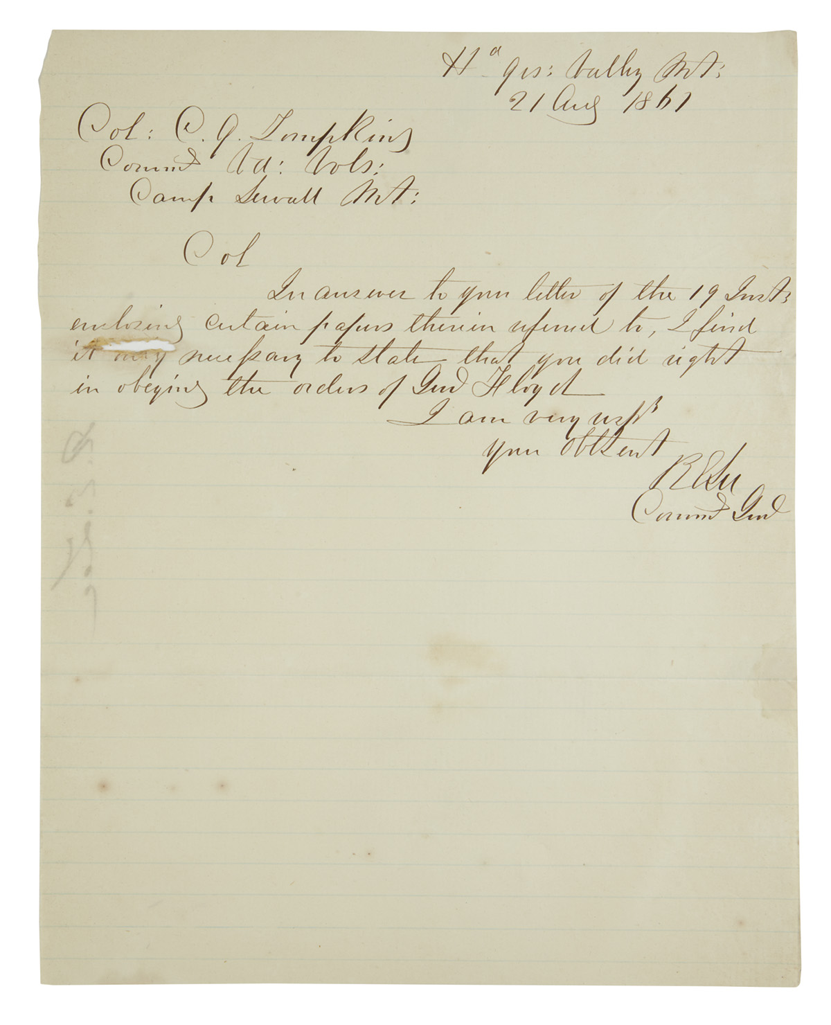 (CIVIL WAR.) LEE, ROBERT E. Brief Autograph Letter Signed, RELee / Commg Genl, to Colonel Christopher Q. Tompkins: